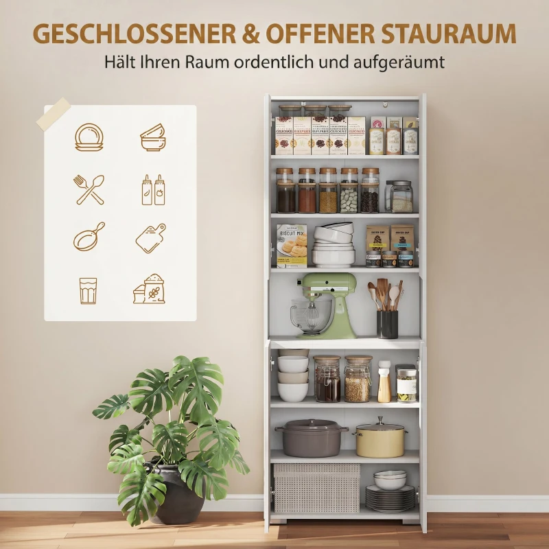 HOMCOM 180 cm Hoher Küchenschrank, Vorratsschrank mit Soft-Close-Türen und Verstellbaren Regalen, Hochglanz Weiß