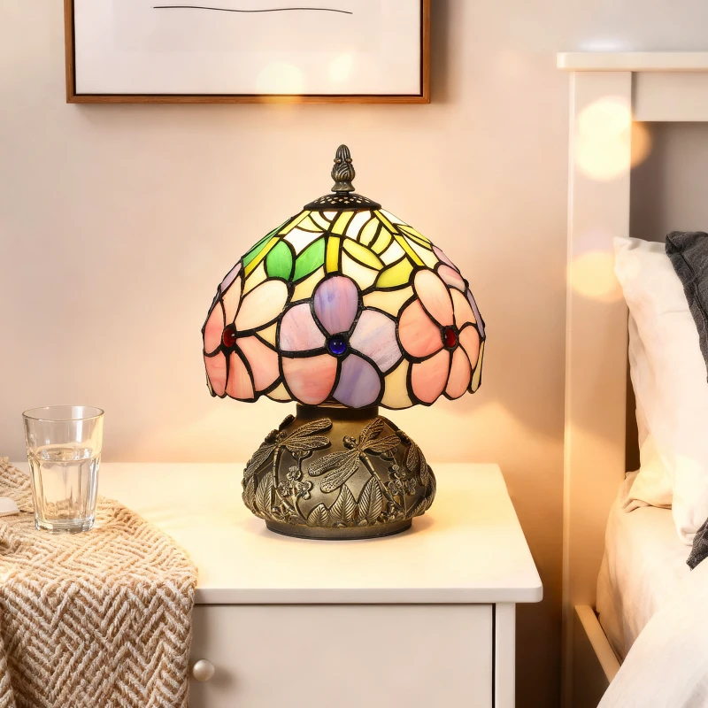HOMCOM Tiffany-Style Table Lamp with Sculpted Dragonfly Base, Handcrafted Classic Stained Glass Bedside Lamp for Living Room and Bedroom, E27 Socket, Pink