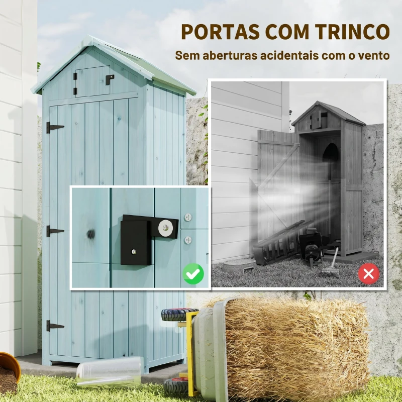 Outsunny Armário de Jardim de Madeira 77x54,2x179 cm 0,3 m² Armário de Armazenamento com 3 Prateleiras e 2 Portas Azul Claro