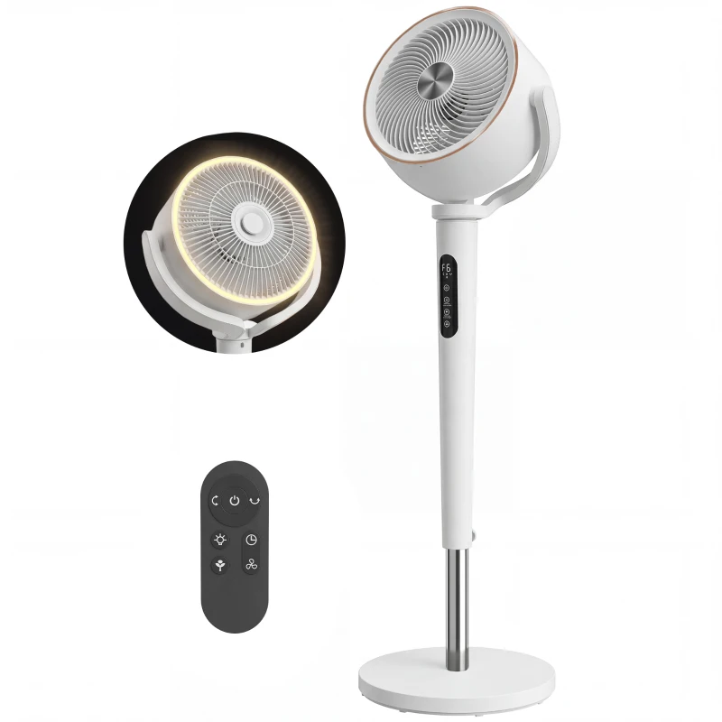 HOMCOM 20dB Silent Standing Fan, 70°+90° Auto Oscillating Fan with 12 Speeds, LED Light, Air Circulator, Remote Control, 12H Timer, for Bedroom, 46 Inch, White