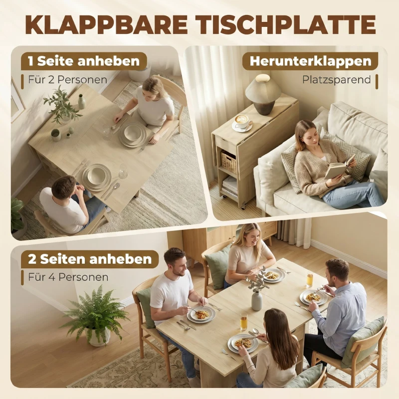 HOMCOM Klappbarer Esstisch für 2-4 Personen, Rollbarer Tisch mit offenem Fach und Schublade, ideal für kleine Räume, Natur