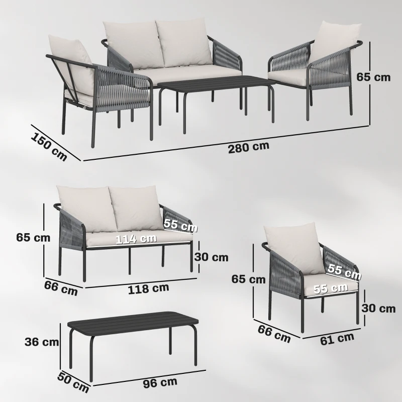 Outsunny Gartenmöbel Set 4-teilig Polyrattan Lounge-Set mit Zweisitzer 2 Sessel Couchtisch abnehmbar Kissen Bindebändern
