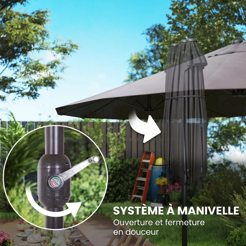 Outsunny Parasol de jardin exterieur parasol double 4,6L x 2,7l x 2,4H m ouverture fermeture manivelle acier polyester haute densité gris