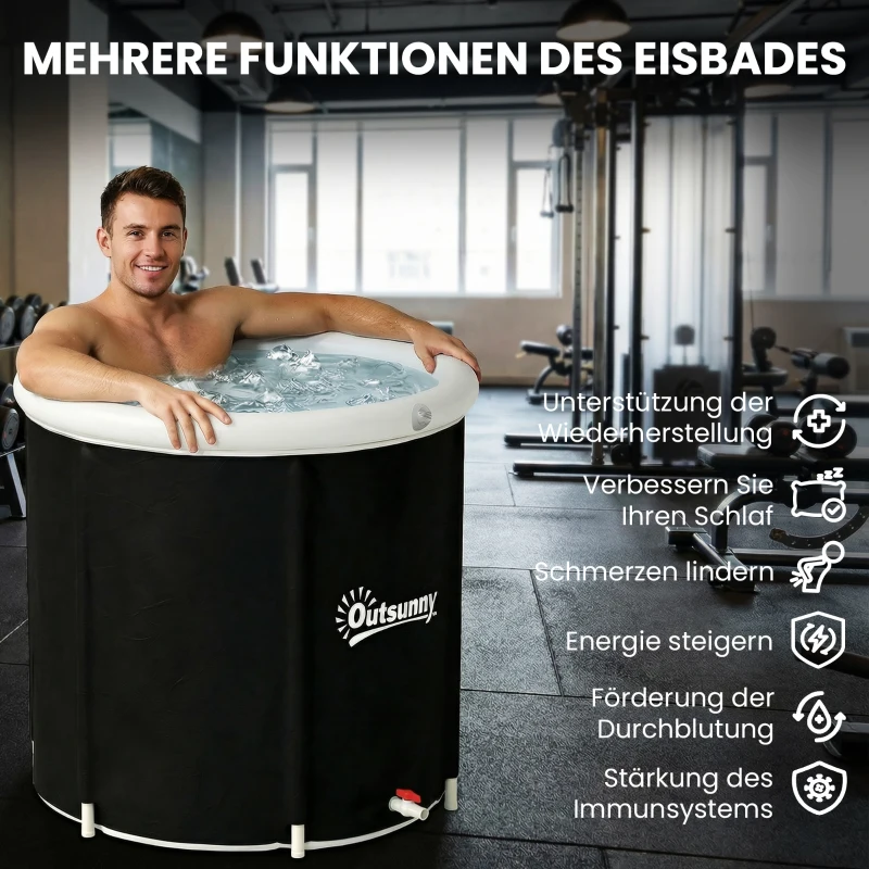 Outsunny Eisbad Ø78 cm Faltbare Eisbadewanne aufblasbare tragbare Eistonne 280L mit 3 Isolierschichten Abdeckung, Schwarz