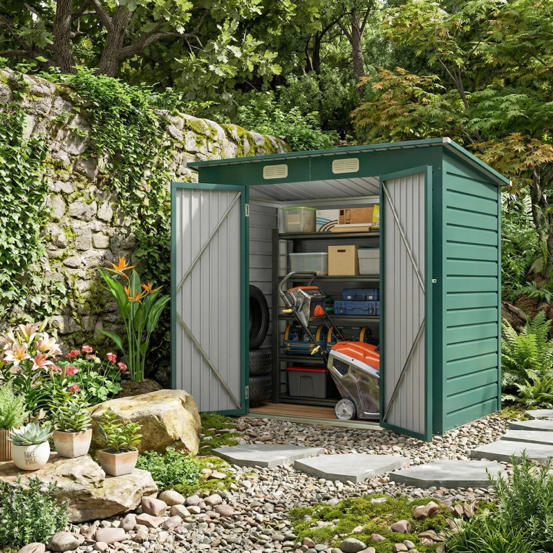 Outsunny 3.7 x 7.9ft Galvanised Steel Shed, with Latched Door and Padlock - Green