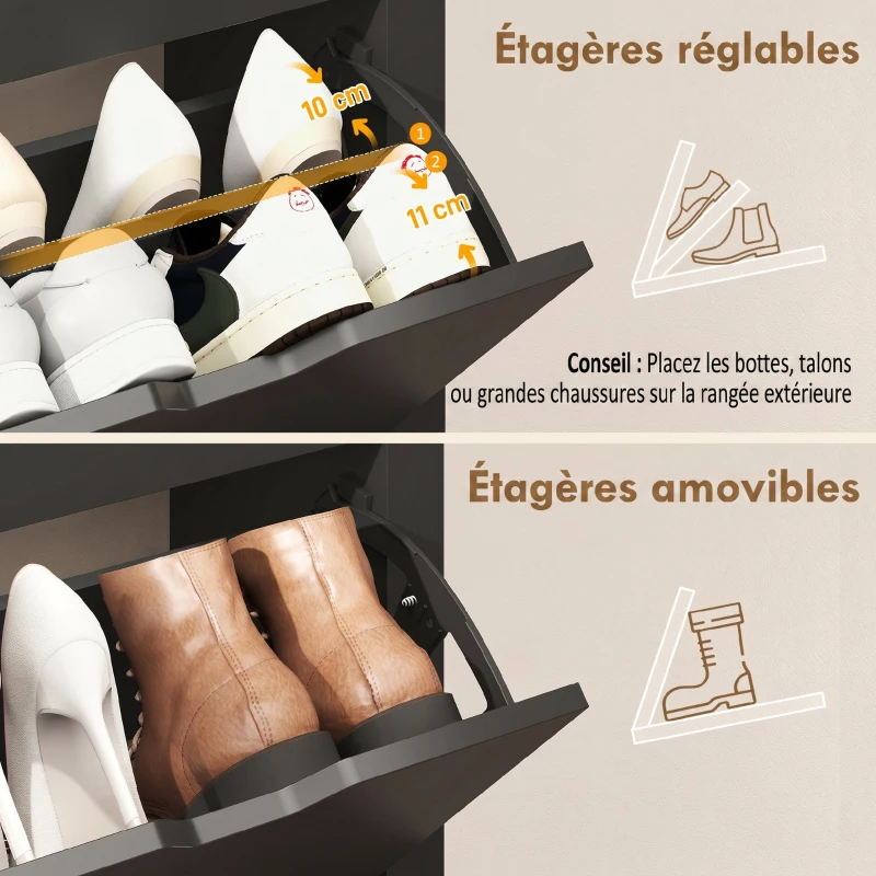 HOMCOM Meuble à chaussures 16 paires, armoire à chaussures avec 4 tiroirs rabattables étagères réglables, noir et bois naturel