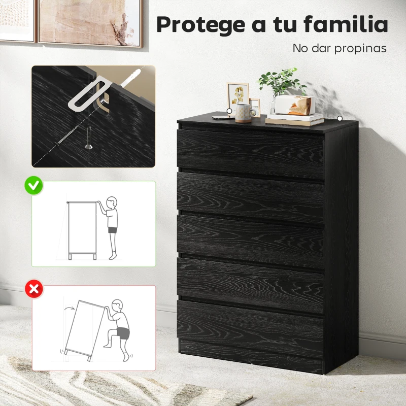 HOMCOM Cómoda para Dormitorio de 5 Cajones Cajonera para Salón Oficina Estilo Moderno 77x40x111,5 cm Negro Veteado
