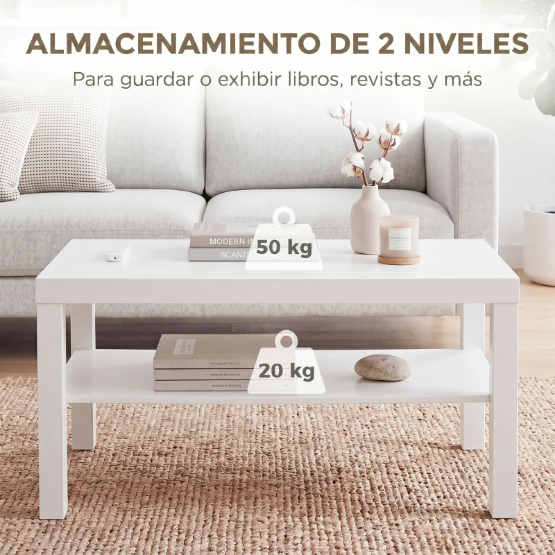 HOMCOM Mesa de Centro Mesa de Café para Salón con Estante Abierto Tablero Grueso para Salón Oficina 90x45x44,5 cm Blanco