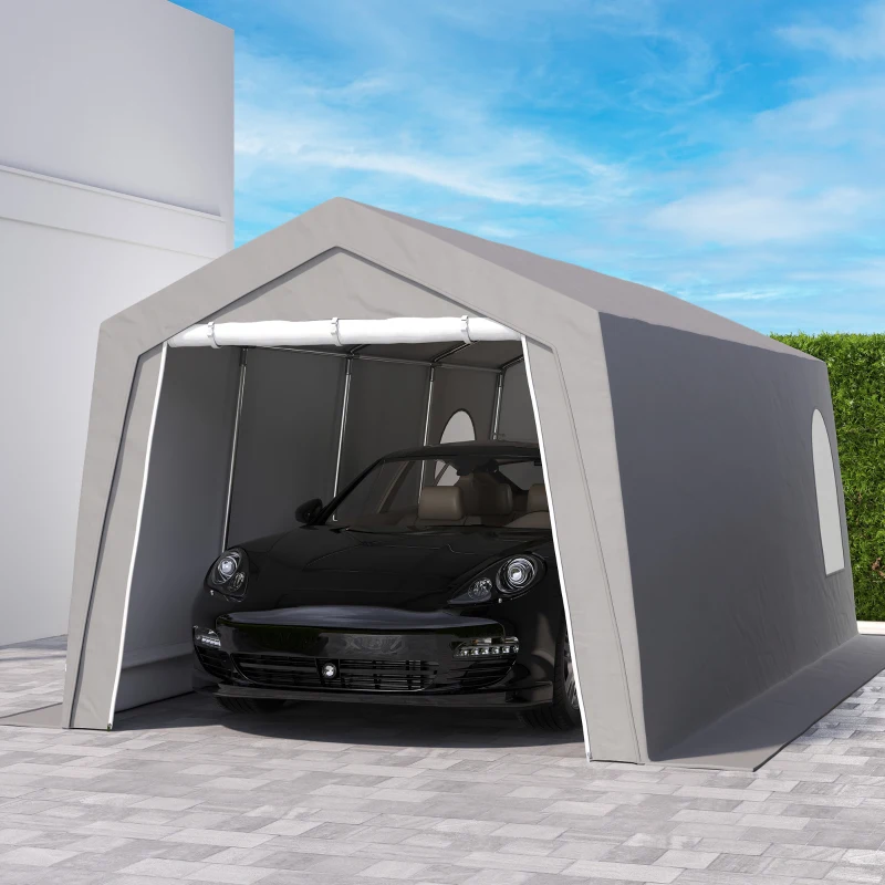 Outsunny Carpa de Almacenamiento Exterior 3x6 m con Tela PE Resistente al Agua y Rayos UV Puerta Enrollable y Ventanas Gris