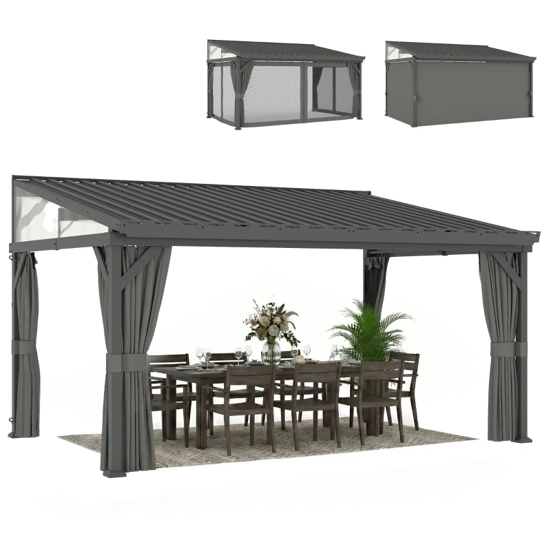Outsunny 4.3 x 3 m Garden Pergola with Galvanised Steel Roof, Lean to Pergola Gazebo with Netting Curtains, Dark Grey
