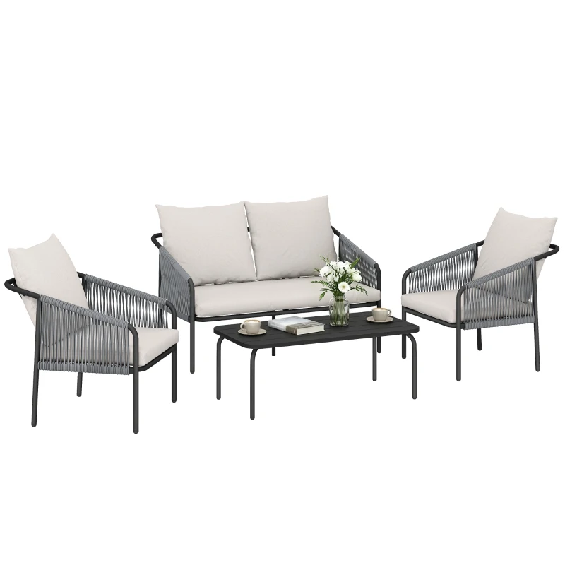 Outsunny Gartenmöbel Set 4-teilig Polyrattan Lounge-Set mit Zweisitzer 2 Sessel Couchtisch abnehmbar Kissen Bindebändern