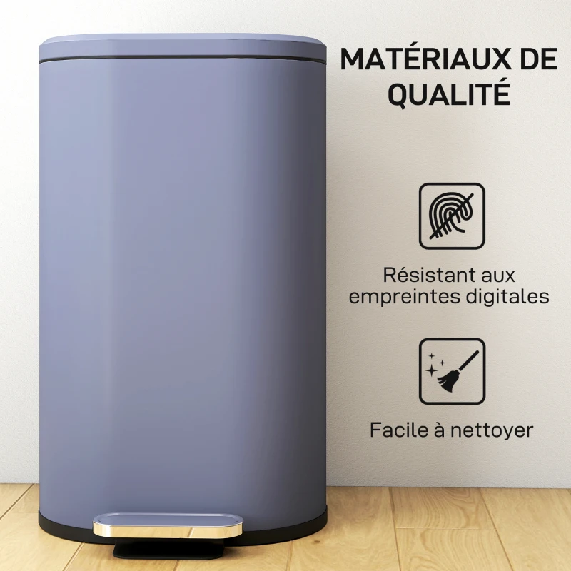 HOMCOM Poubelle cuisine 30L, poubelle à pédale, seau intérieur amovible, couvercle à fermeture douce, 36,5x31x61cm, gris