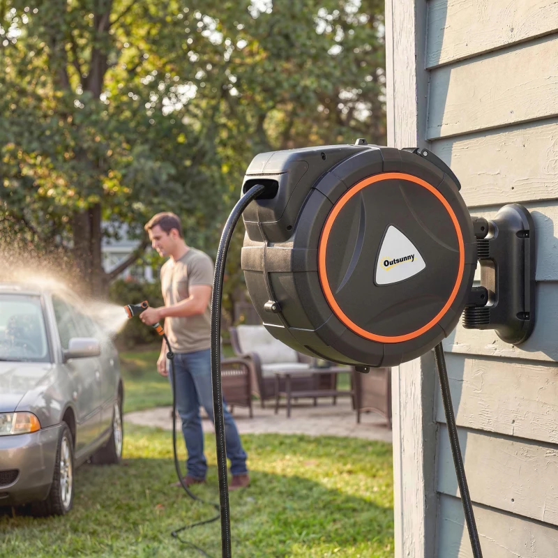 Outsunny Carretel de Mangueira para Jardim 28+2 m com 12 Modos de Pulverização Bloqueio Automático e Retracção Controlada Suporte Orientável 180° Laranja