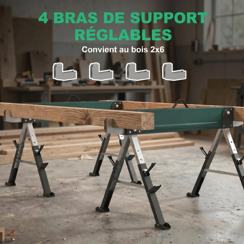 HOMCOM Set di 2 Cavalletti Pieghevoli in Metallo, Altezza Regolabile 64-81cm, con Maniglia di Trasporto, Verde