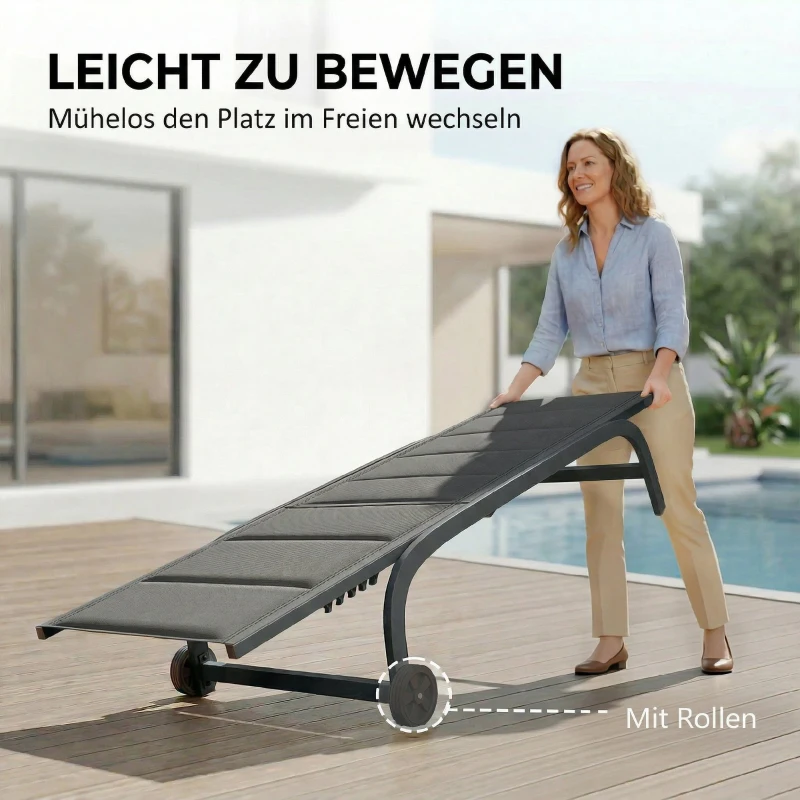 Outsunny Sonnenliege Atmungsaktive Gartenliege mit 6-fach Verstellbar Rückenlehne Rädern Aluminiumrahmen Dunkelgrau