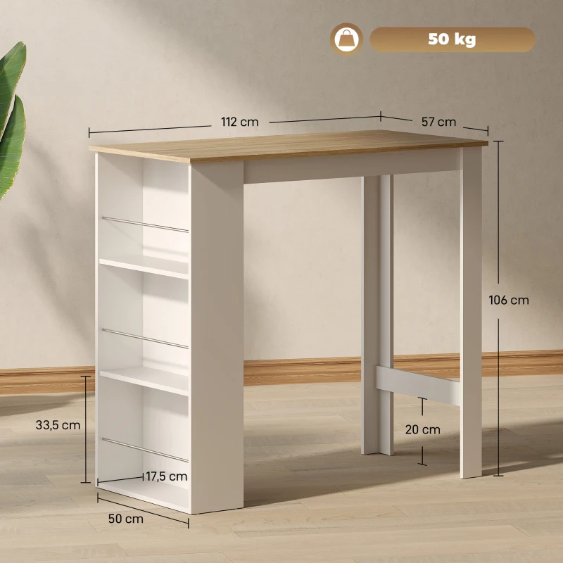 HOMCOM Table de bar table haute de cuisine mange-debout comptoir 112L x 57l x 106H cm - 3 étagères - aspect chêne clair blanc