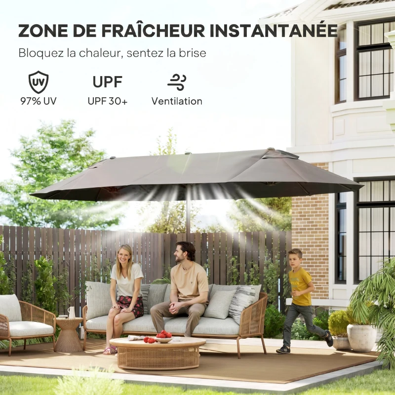 Outsunny Parasol de jardin exterieur parasol double 4,6L x 2,7l x 2,4H m ouverture fermeture manivelle acier polyester haute densité gris