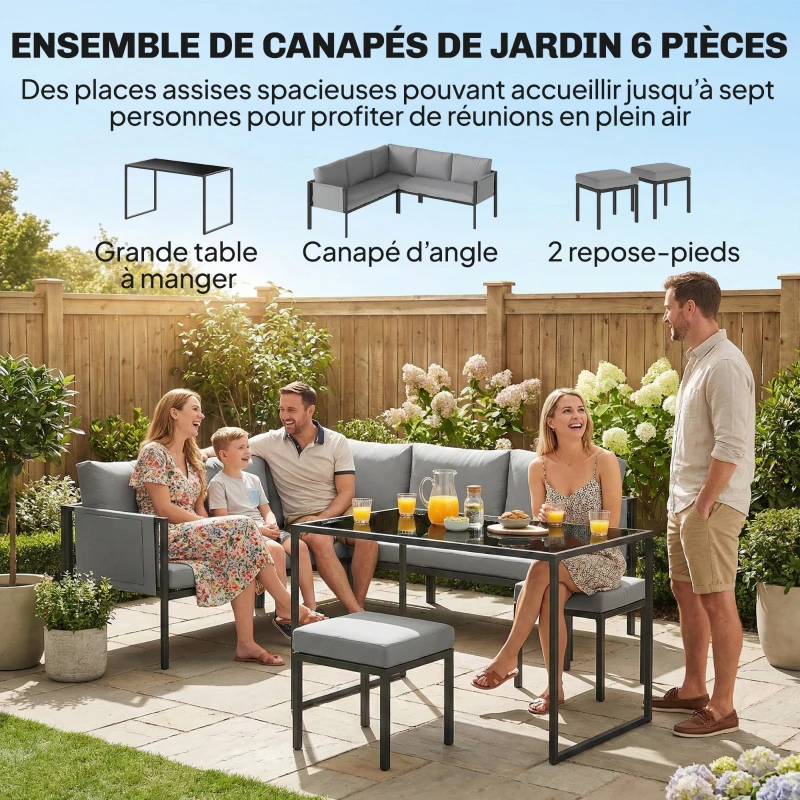 Outsunny Salon de Jardin Canapé d'Angle Extérieur 6 Pièces Coussins 10cm Table Haute et 2 Repose-pieds Gris