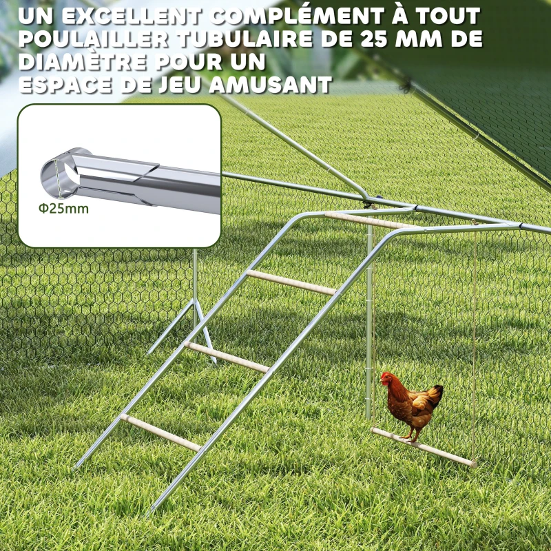 PawHut Perchoir pour poules à 5 niveaux en bois de pin et acier, échelle balançoire, 82 x 150 x 110 cm, argent