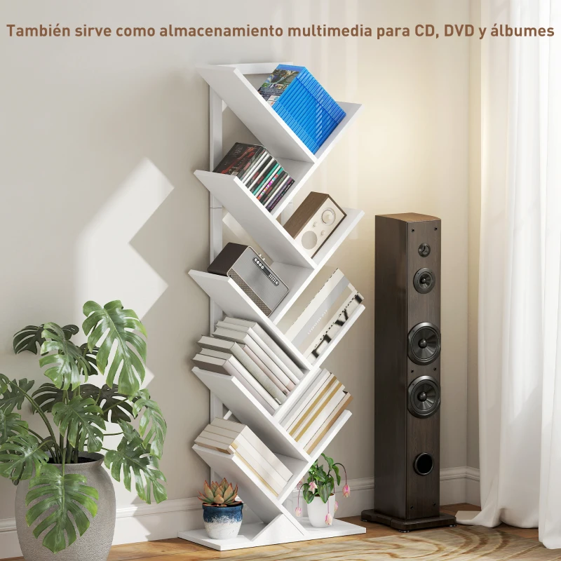 HOMCOM Estantería en Forma de Árbol con 9 Estantes y Sistema Antivuelco para Salón Dormitorio 50x24x136 cm Blanco