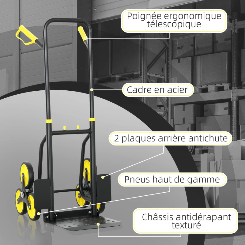 DURHAND Diable d'escalier pliable 120 kg 6 roues, diable demenagement en acier avec cordes télescopiques, 44x67x106,5cm, jaune