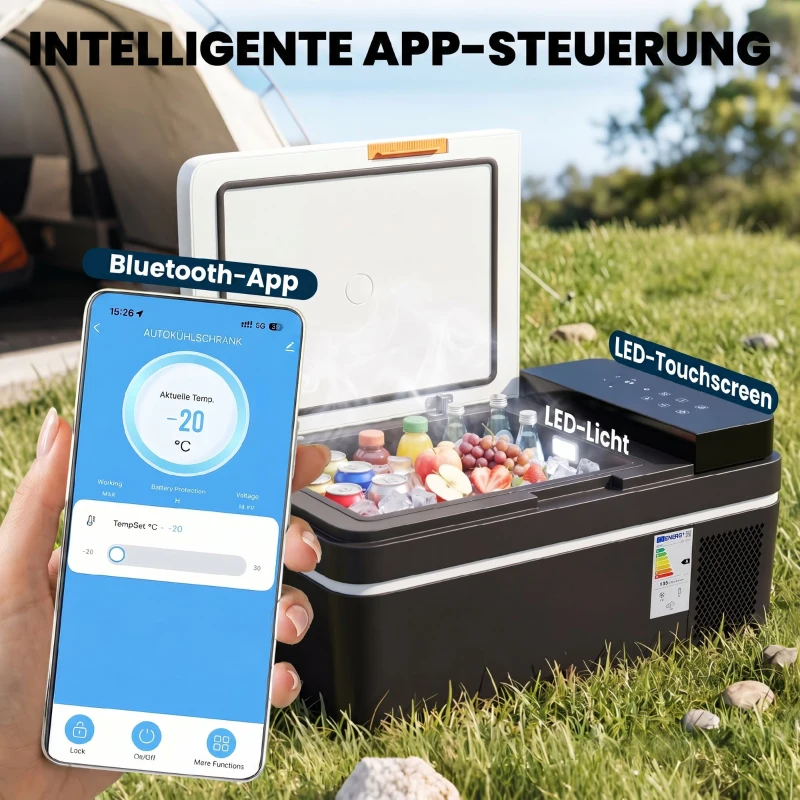 Outsunny Kompressor Kühlbox 20L -20℃-20℃ Elektrische Kühlbox mit APP-Steuerung LED-Leuchten USB Anschluss Batterieschutz