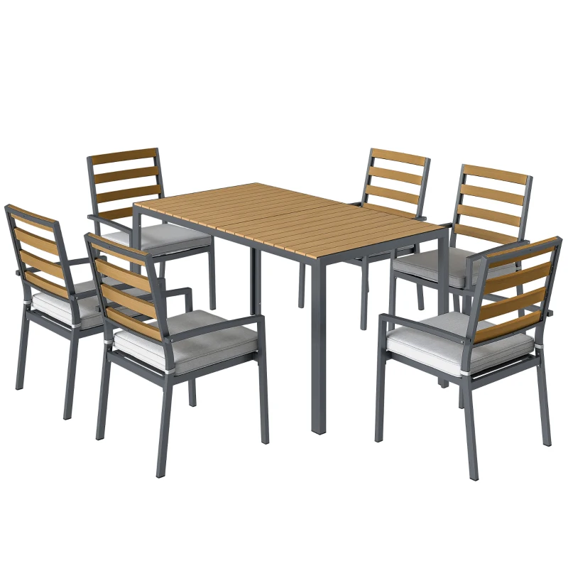 Outsunny 7 tlg. Sitzgruppe Gartenmöbel-Set, Gartengarnitur mit 1 Esstisch, 6 Stühlen, Kissen, für Terrasse, Naturholz