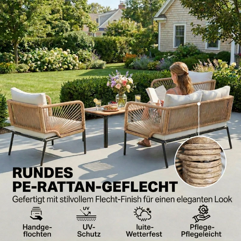 Outsunny Gartenmöbel Set Sitzgruppe für 4 Personen Gartenlounge mit 2er Sofa 2 Sessel Lamell-Tisch Seilflecht waschbar Sitzkissen