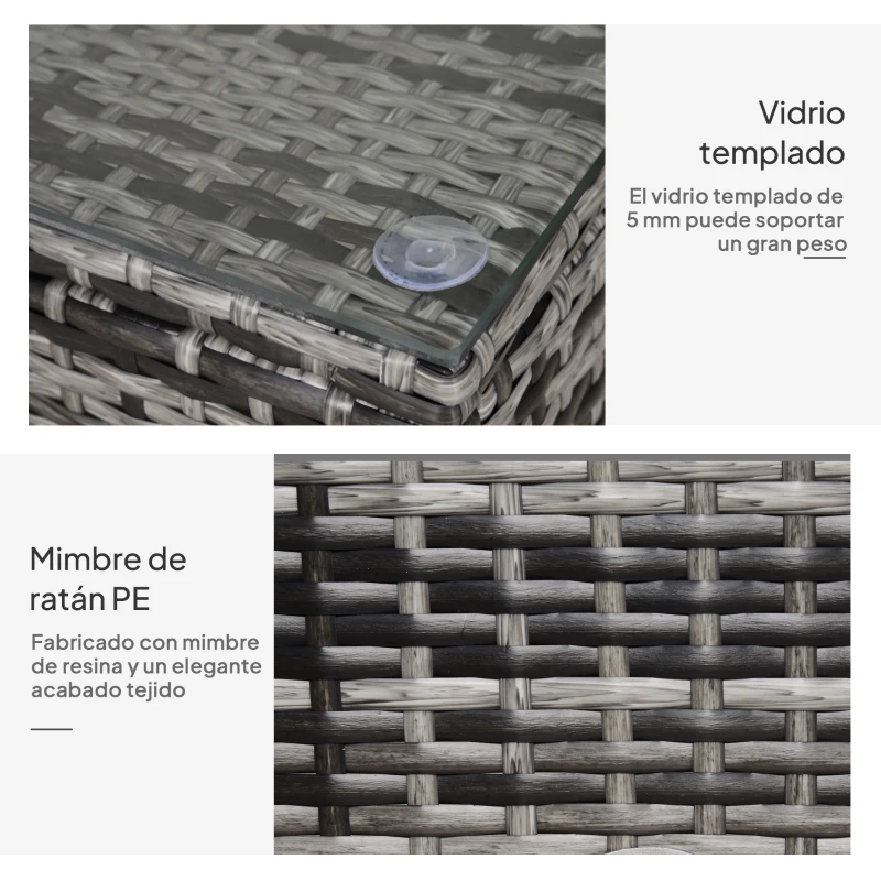 Outsunny Mesa Exterior Terraza de Ratán Sintético Mesa Auxiliar con Vidrio Templado para Terraza Patio Balcón 85x50x39 cm Gris