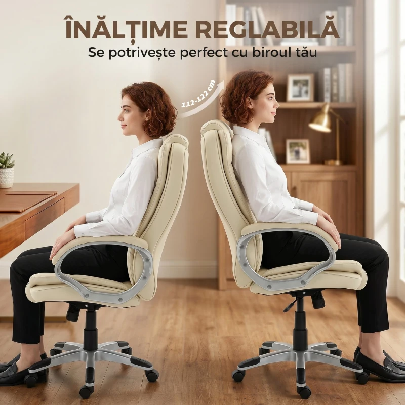 HOMCOM Scaun de Birou Rotativ din PU, Funcție Balansare, Spătar Înalt, Înălțime Reglabilă, Capacitate 120kg, Negru