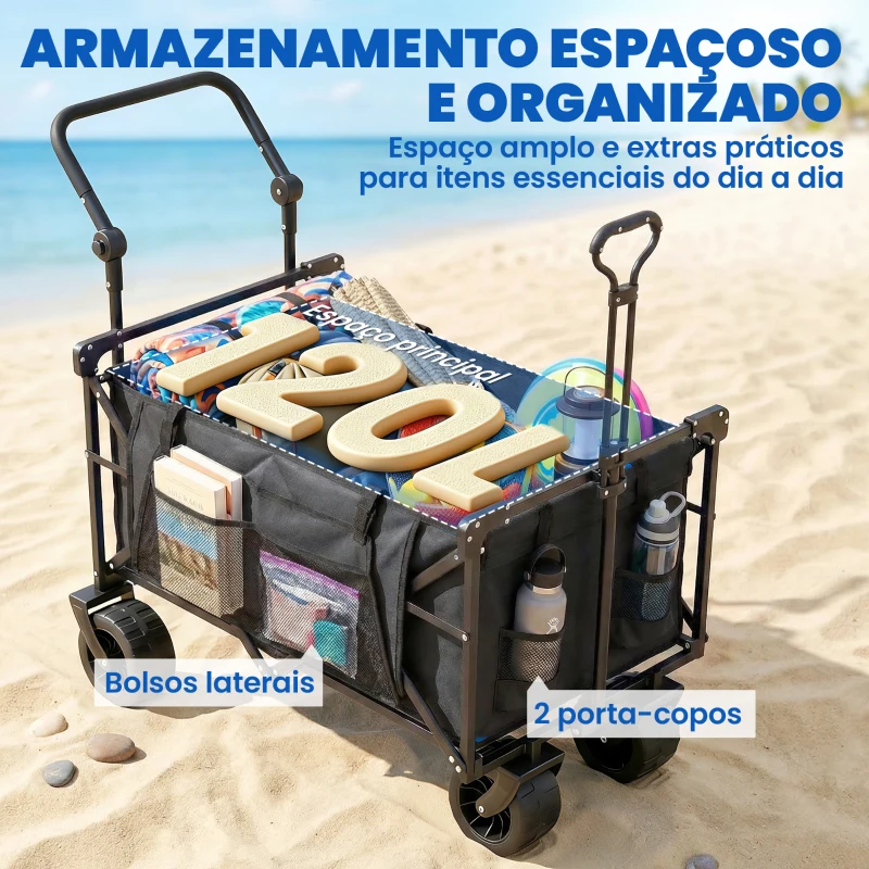 Outsunny Carrinho de Transporte com Rodas Grandes Travão Teto Amovível Carro Dobrável para Jardim com Barra Ajustável 125x59x133 cm Preto