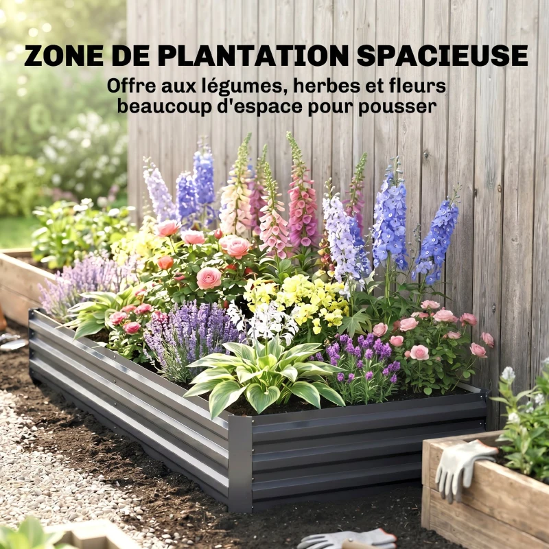 Outsunny Carré potager de jardin rectangulaire jardinière extérieure 241 x 90 x 30 cm tôle d'acier ondulée gris
