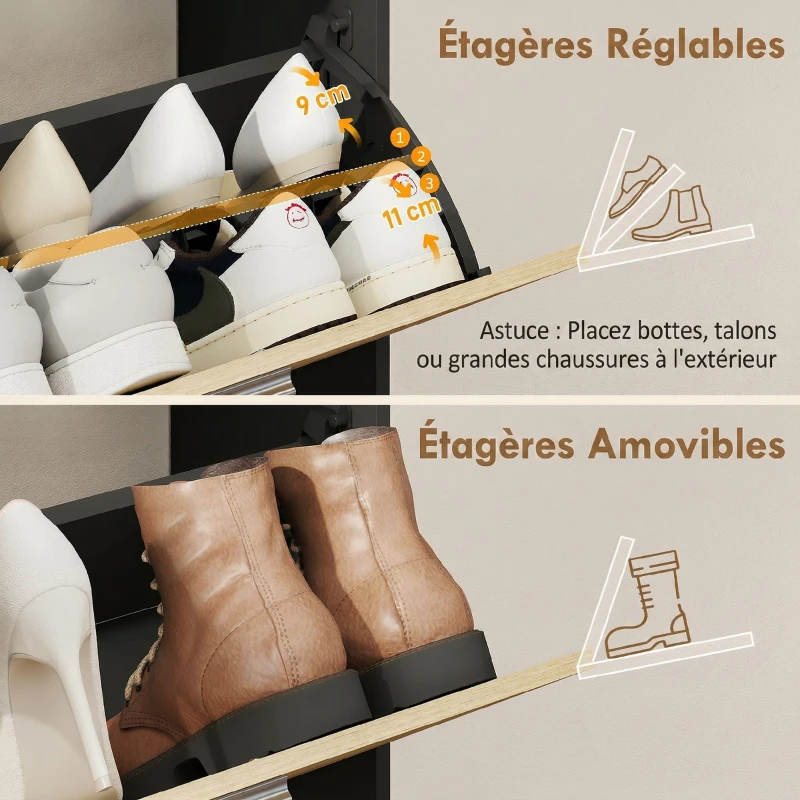HOMCOM Meuble à chaussures 8 paires, armoire à chaussures étroite avec 2 tiroirs rabattables, 3 compartiments ouverts, noir