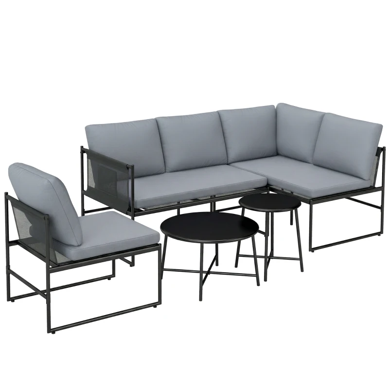 Outsunny Salon de Jardin Extérieur 5 Pièces, 2 Canapés, 2 Tables, 1 Chaise, Pochette de Rangement, 182x167x65cm, Gris Foncé
