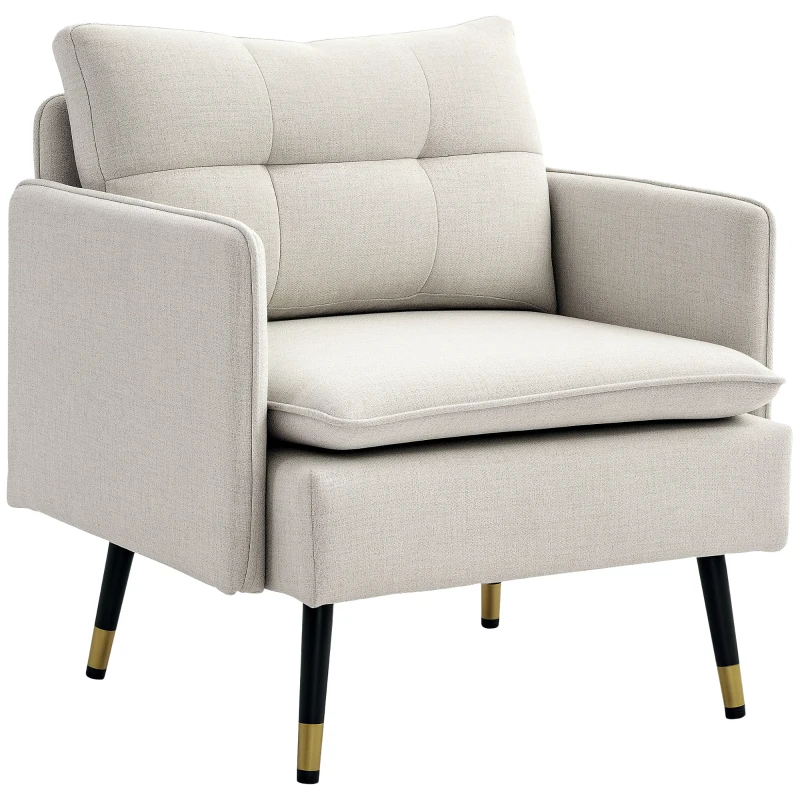 HOMCOM Fauteuil scandinave dossier capitonné avec passepoil en tissu 76 x 68 x 80 cm crème et pieds en métal noir et doré