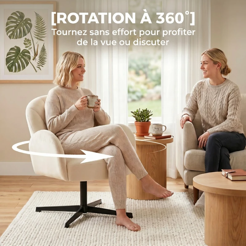 HOMCOM Fauteuil salon pivotant fauteuil d'appoint rembourré en velours dossier en forme de coquille coussin à ressorts beige