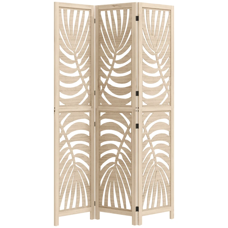 HOMCOM Paravan Interior cu 3 Panouri Pliabil și Separabil din Lemn, Design cu Frunze, 120x170 cm, Culoare Lemn Natural