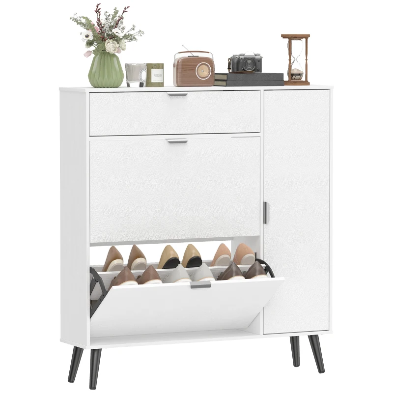 HOMCOM Schmaler Schuhschrank mit 2 Klappfächern, Schuhschrank mit Lychee-Leder-Türen und verstellbaren Regalböden, Weiß