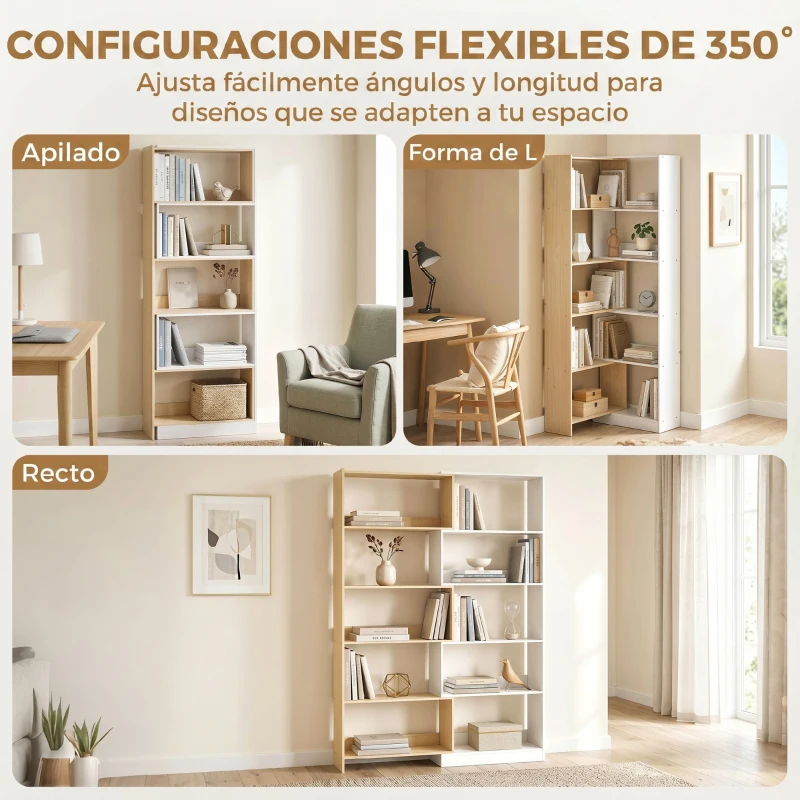 HOMCOM Estantería Expandible 5 Niveles Giratoria 350° Ancho Ajustable Convertible en en L Recta o Compacta 111,5x23,8x163,7 cm