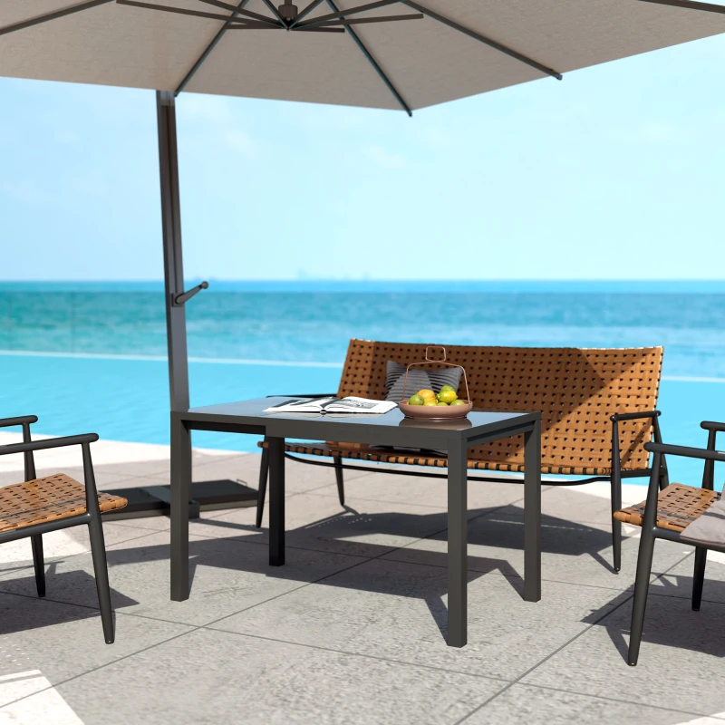 Outsunny Masă de Grădină Extensibilă 85/125 x 70 x 73 cm, Masă de Dining pentru 4-6 Persoane, Dreptunghiulară, din Aluminiu cu Blat din Sticlă, Pentru Patio Terasă Balcon Exterior, Gri Închis