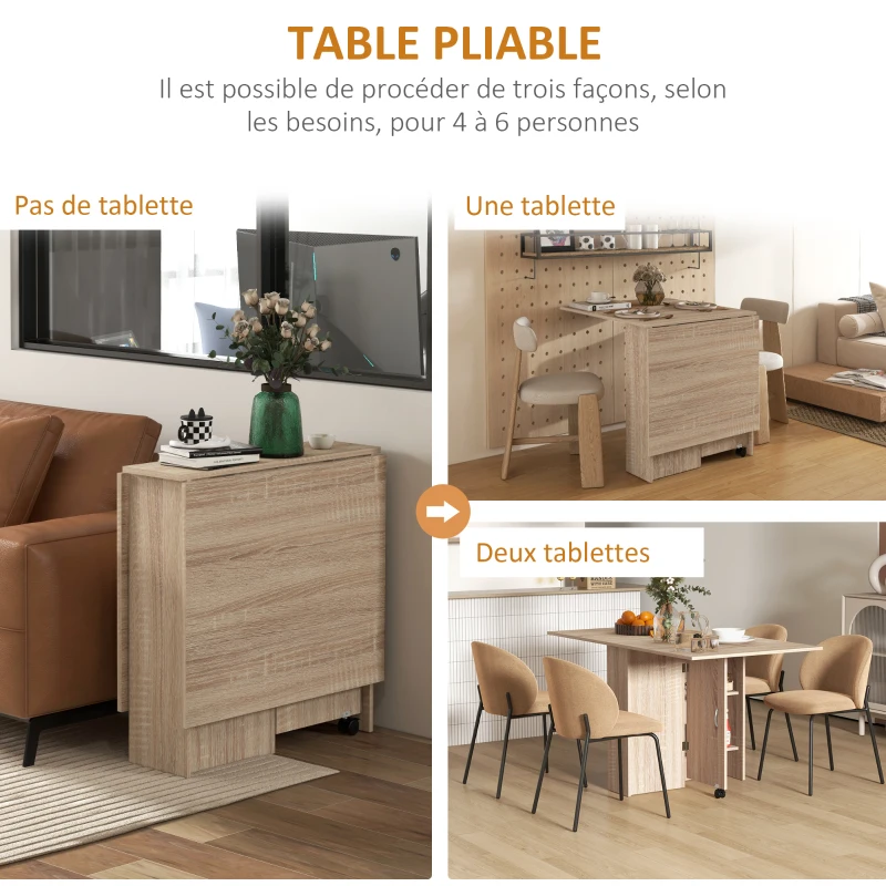 HOMCOM Table à manger pliante mobile sur roulettes 2 plateaux rabattables et 2 étagères intégrées 140 x 80 x 74 cm naturel