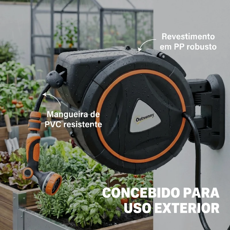 Outsunny Carretel de Mangueira para Jardim 28+2 m com 12 Modos de Pulverização Bloqueio Automático e Retracção Controlada Suporte Orientável 180° Laranja