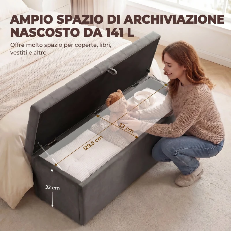 HOMCOM Cassapanca in Velluto140L con Seduta Ampia Imbottita, Capacità 240kg, Camera da Letto Soggiorno Ingresso, Grigio