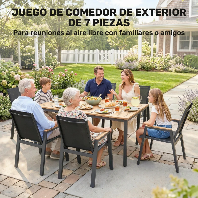 Outsunny Conjunto de Mesa y Sillas Jardín con Mesa con Tablero de Listones y 6 Sillas Transpirables para Terraza Patio Negro