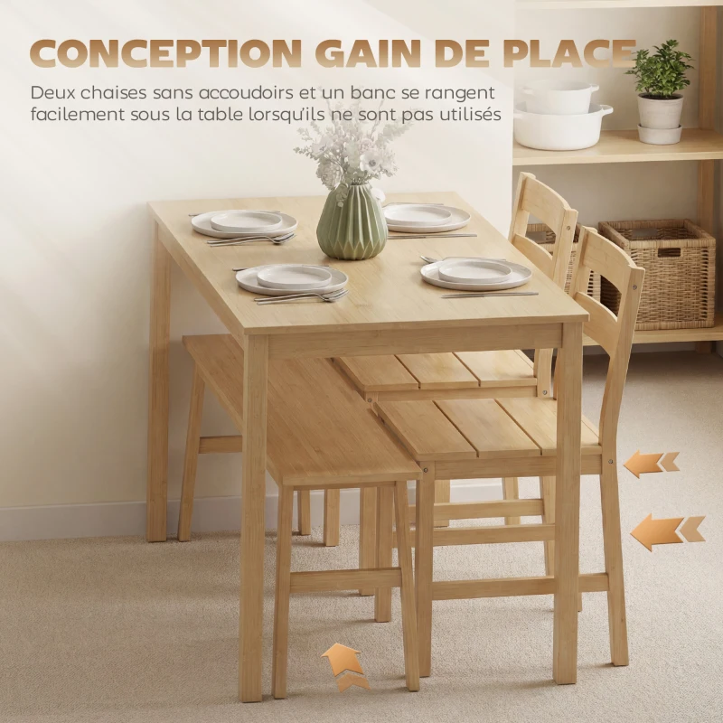 HOMCOM Ensemble de salle à manger en bambou, table à manger avec 2 chaises et banc pour 4 personnes, bois naturel