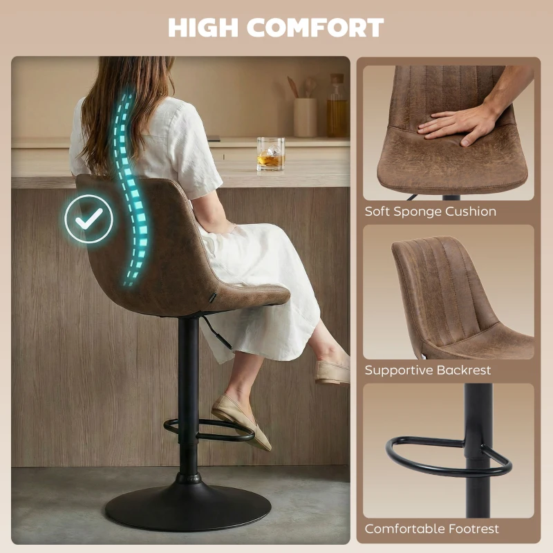 HOMCOM Breakfast Bar Stools Set of 2, 59-80cm Sitting Hight Leather Upholstered Bar Chairs - Brown
