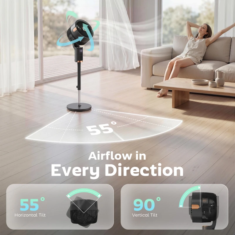 HOMCOM 20 dB Silent Standing Fan for Bedroom, 44" Pedestal Fan with 90° Oscillating, 8 Speeds and LED Light, Black