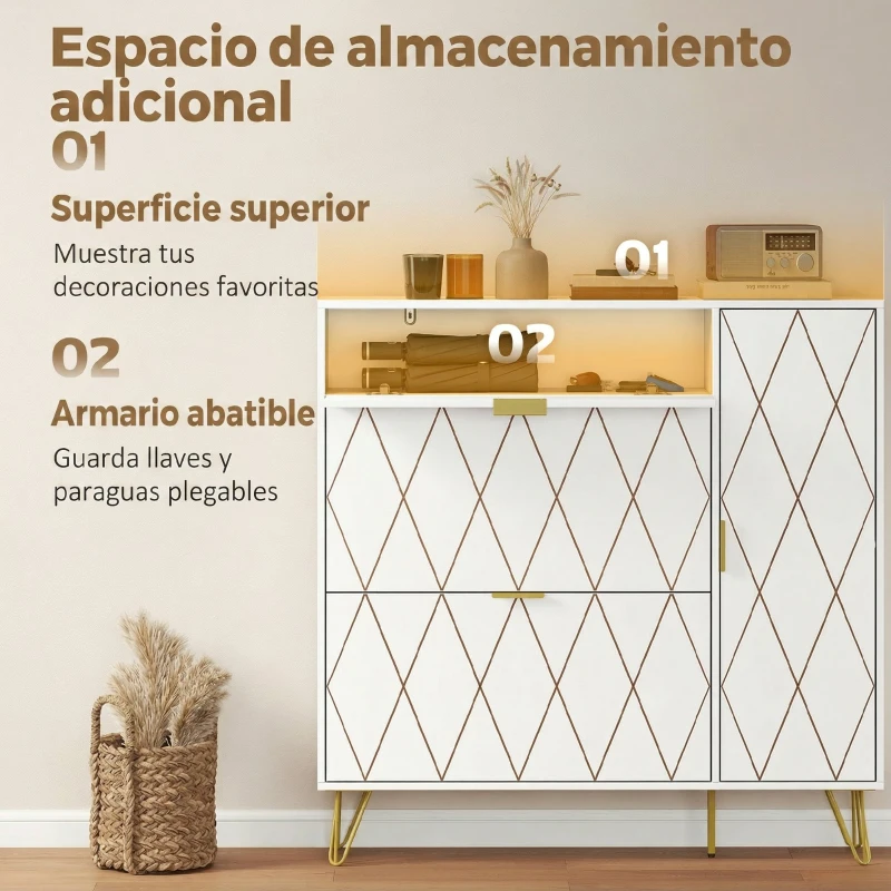 HOMCOM Mueble Zapatero Moderno con 2 Cajones Abatibles Armario y Estantes Ajustables para 10-14 Pares de Zapatos Blanco