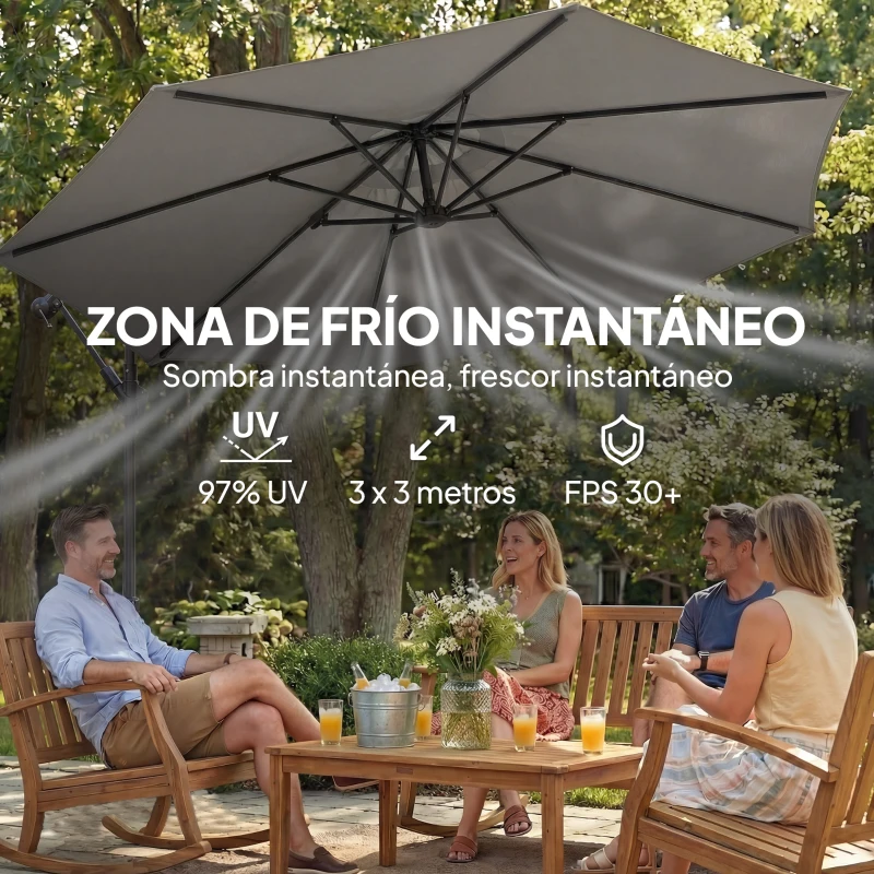 Outsunny Parasol Excéntrico Ø300 cm con Base Cruzada Toldo Ajustable y Manivela UPF30+ para Terraza Patio Gris