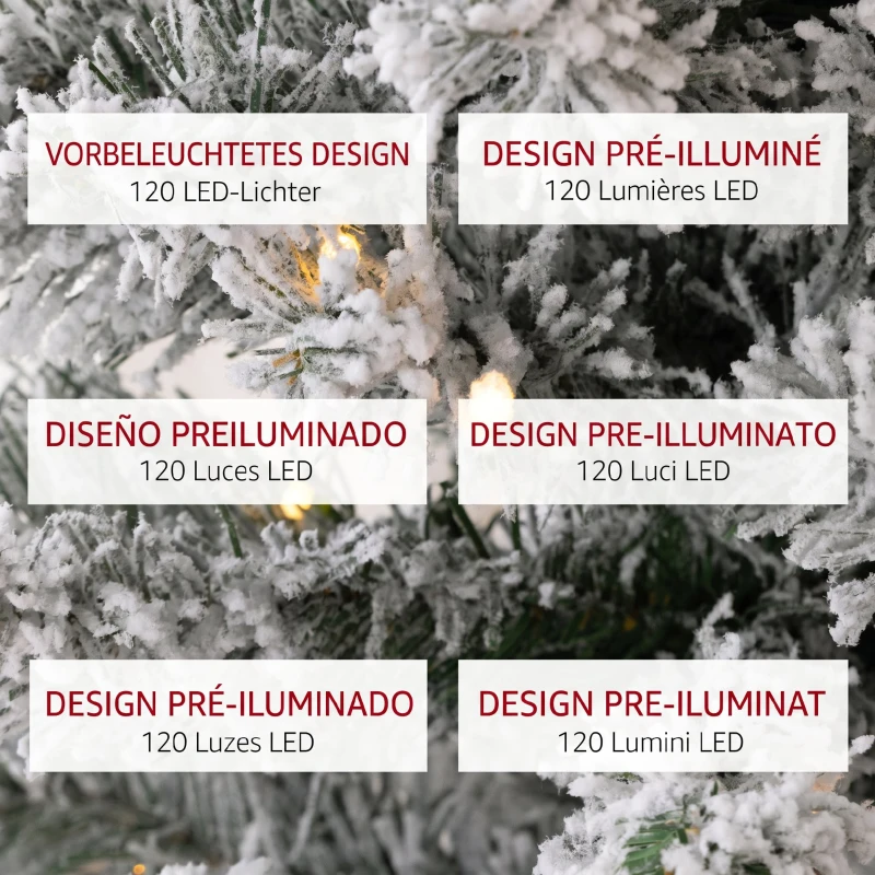 HOMCOM Brad de Crăciun înzăpezit cu 263 de crengi și lumini LED albe, din plastic și metal, Ø45x150 cm, verde